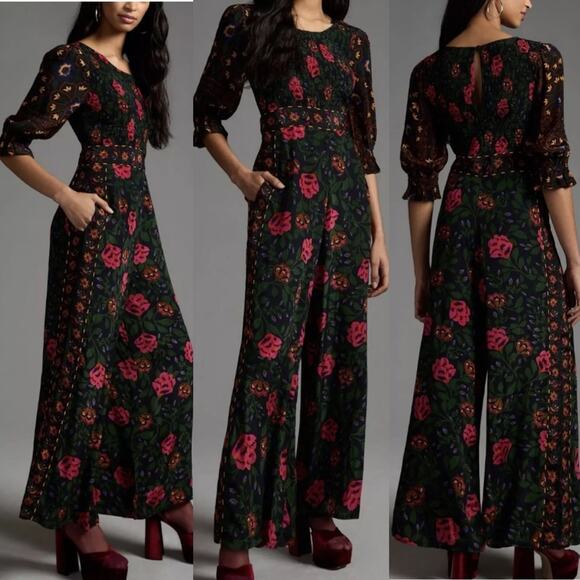Farm Rio Floral Smocked Wide Leg Jumpsuit Dark Black Motif XS Small - Picture 1 of 15